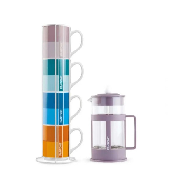 Set of 4 mugs and 1 French press coffee maker - Purple