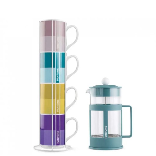Set of 4 mugs and 1 French press coffee maker - Blue