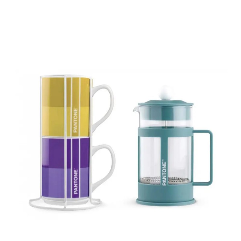Set mit 2 Tassen und 1 blauen French-Press-Kaffeemaschine