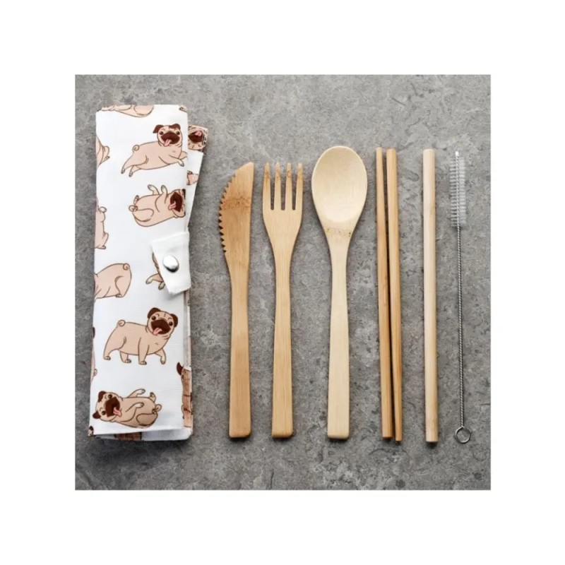 Bamboo Cutlery Set - Pug Dog